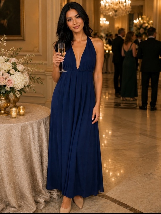 Dresses & Skirts - Deep Blue Halter Maxi Dress - Classic Evening Style